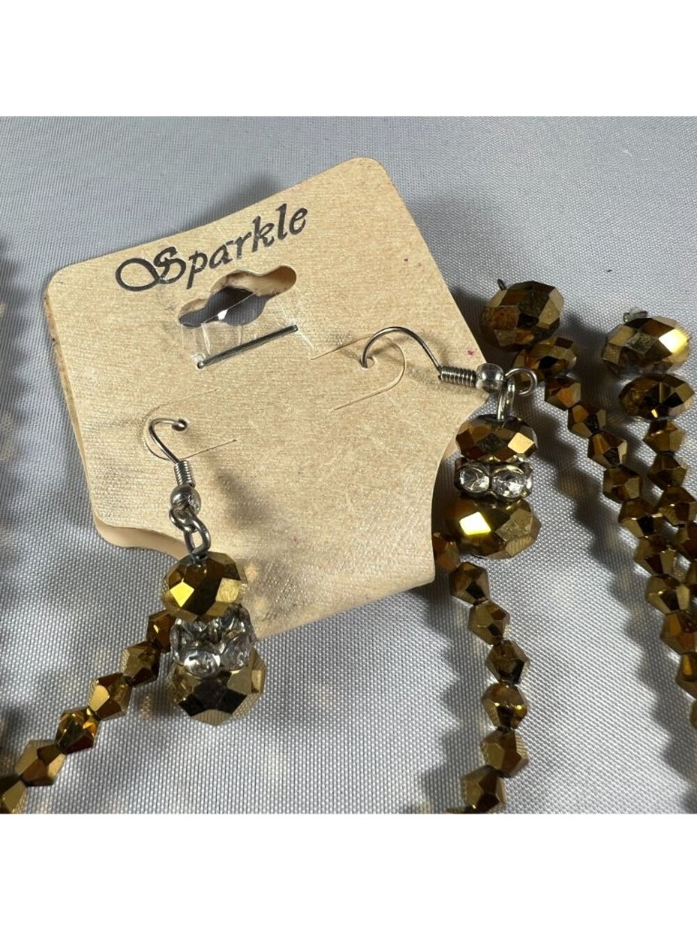 Gold Beaded Necklace & Earrings Set With Rhinestone Accents By Sparkle - Picture 3 of 3